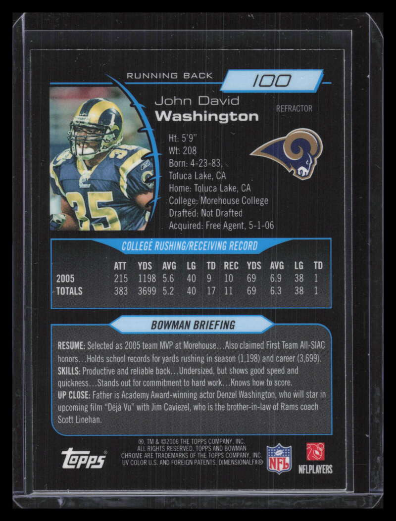 2006 Bowman Chrome Refractor 100 John David Washington Rookie Denzel's Son