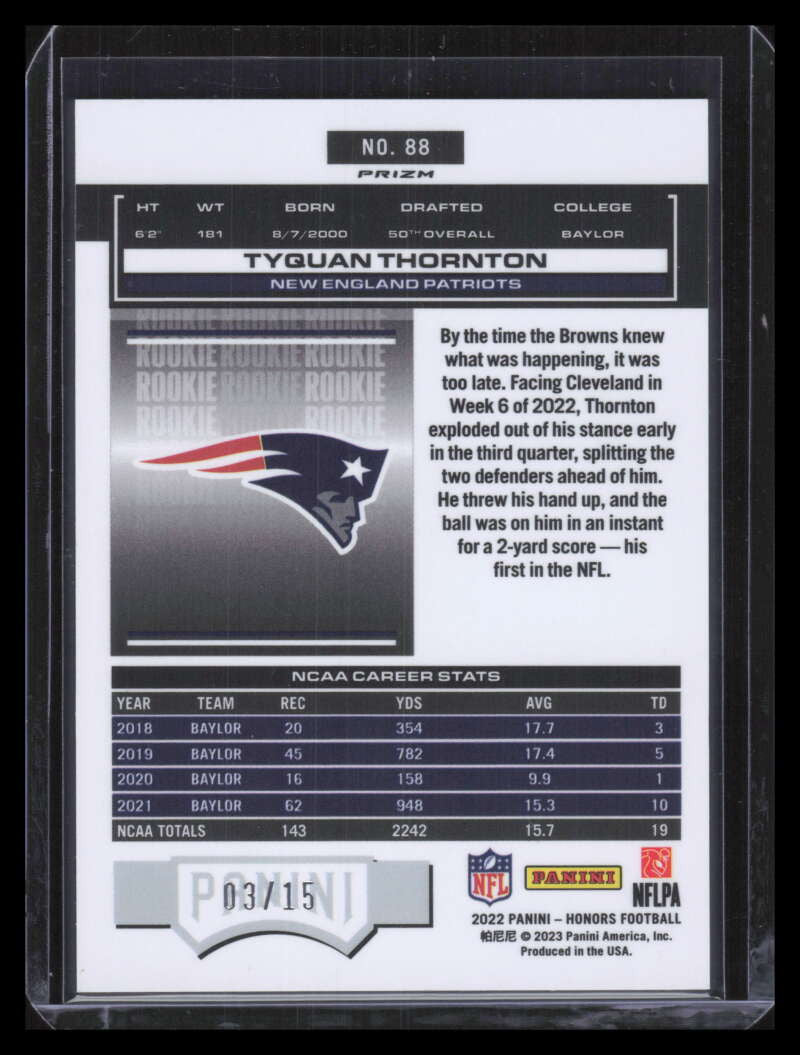 2022 Panini Honors '03 Honors Rookies Blue 88 Tyquan Thornton Rookie 3/15