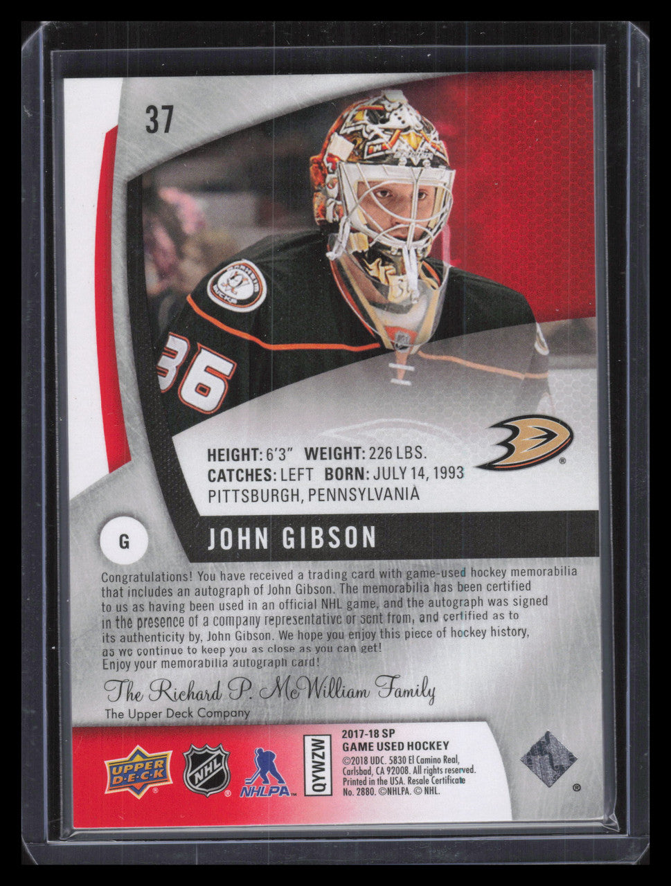 2017-18 SP Game Used Red 37 John Gibson Jersey Auto