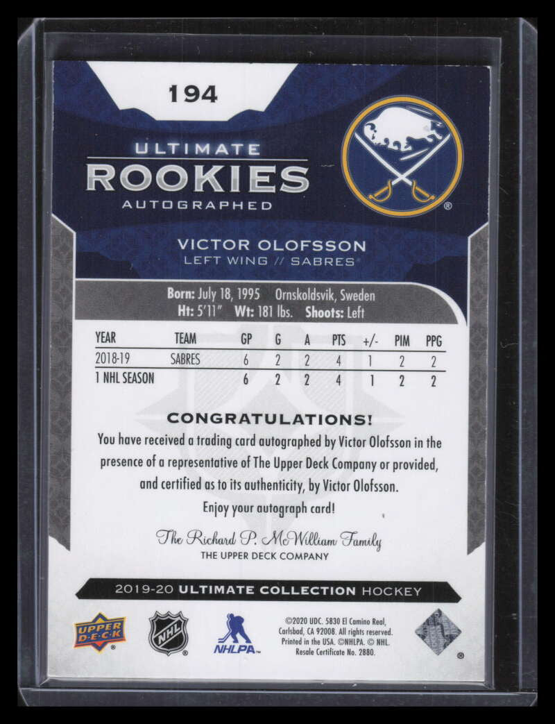 DELETE 130036 2019-20 Ultimate Collection 194 Victor Olofsson Rookie Auto 77/99