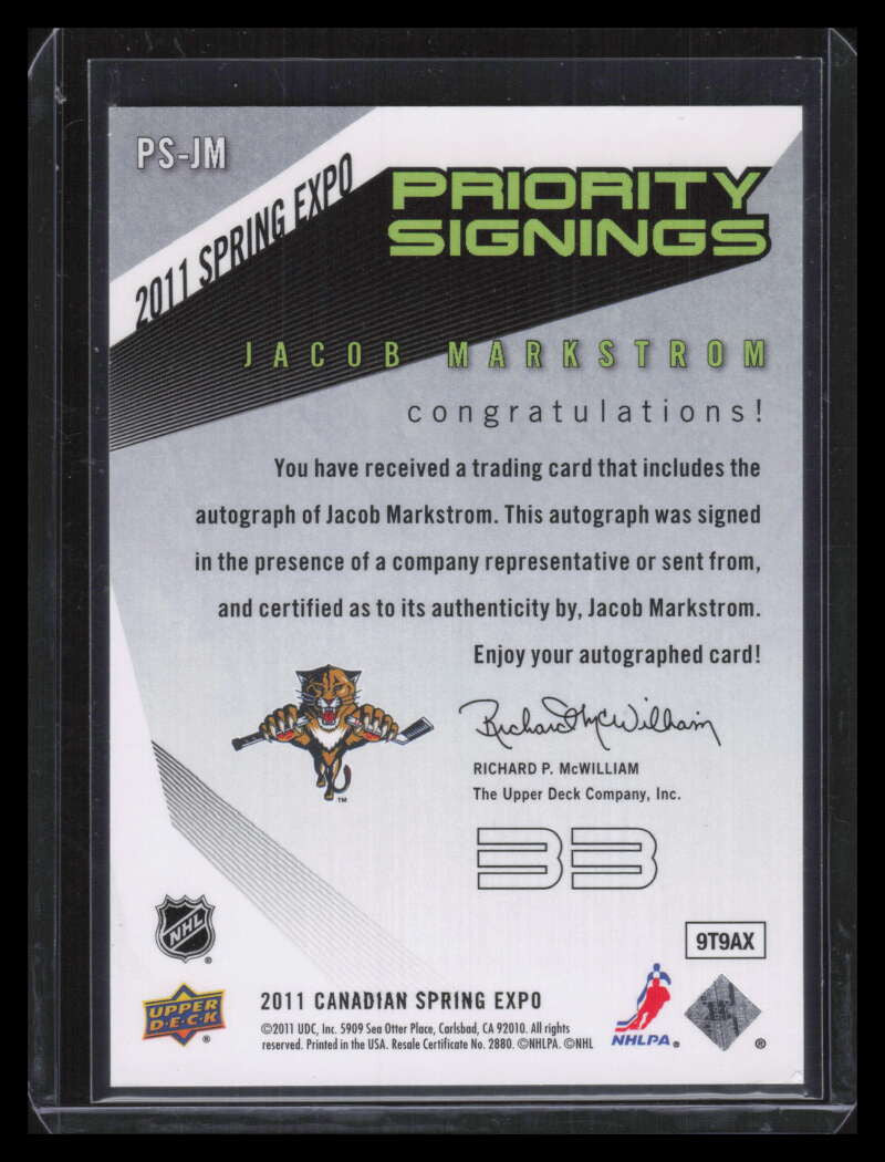 2011-12 Upper Deck Toronto Fall Expo Priority Signing Jacob Markstrom Auto 17/25