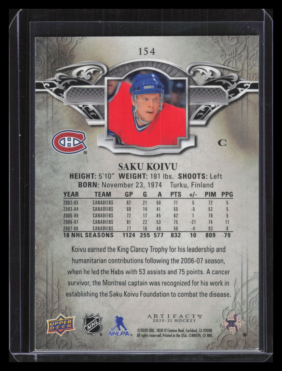 2020-21 Artifacts Emerald 154 Saku Koivu 89/99