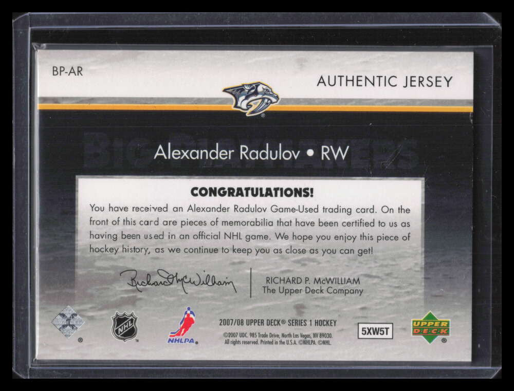 2007-08 Upper Deck Big Playmakers BPAR Alexander Radulov Quad Jersey 45/50