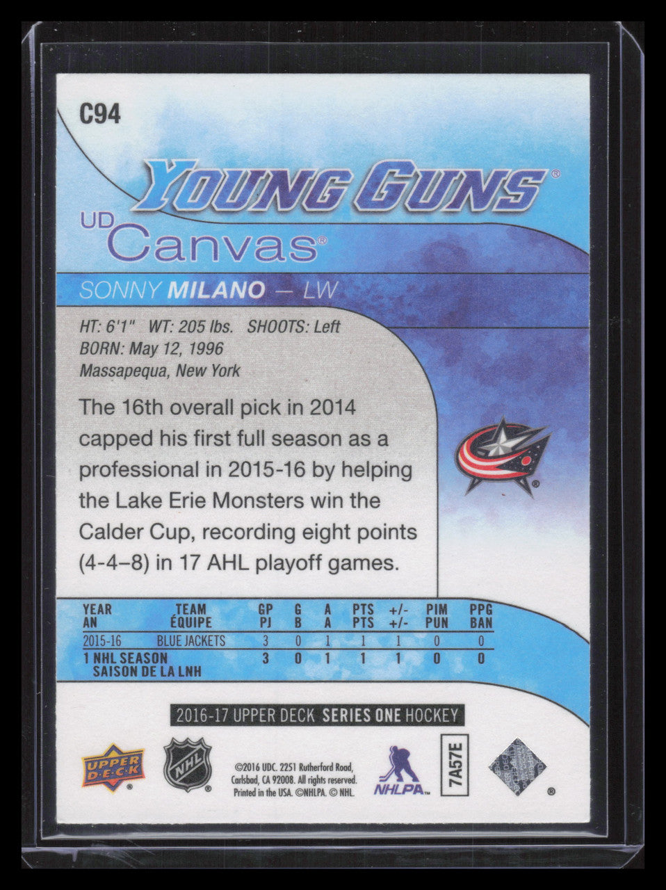 2016-17 Upper Deck Canvas c94 Sonny Milano Rookie YG Young Guns