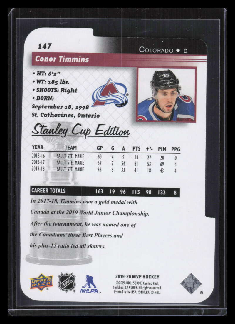 2019-20 Upper Deck MVP 20th Colors and Contours 147 Conor Timmins Rookie 91/99
