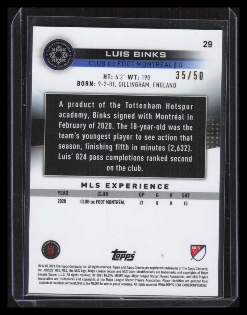 2021 Topps Chrome MLS Sapphire Gold Refractor 29 Luis Binks 35/50
