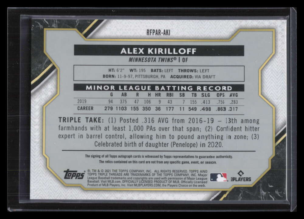 DELETE 130295 2021 Topps Triple Threads Emerald Alex Kirilloff Rookie Triple Jersey Auto 7/50
