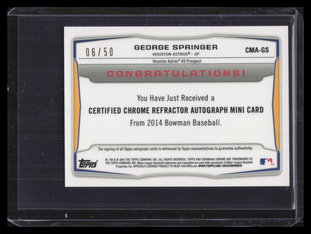 2014 Bowman Chrome Mini Autograph Refractor George Springer Rookie Auto 6/50