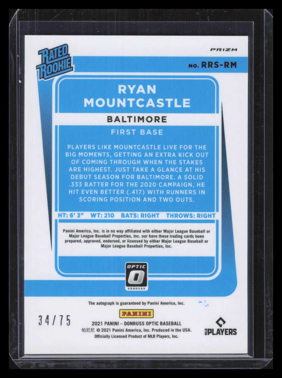 2021 Donruss Optic Signatures Purple 29 Ryan Mountcastle Rookie Auto 34/75