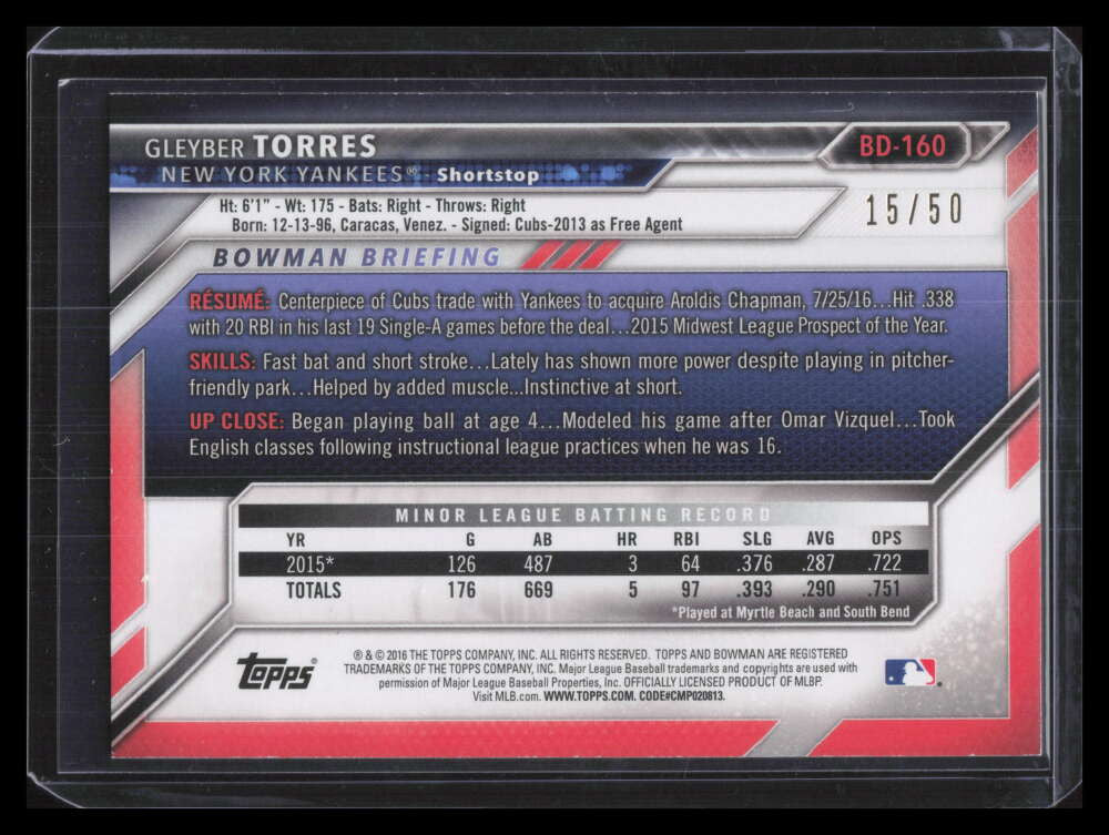 2016 Bowman Draft Gold bd160 Gleyber Torres Rookie 15/50