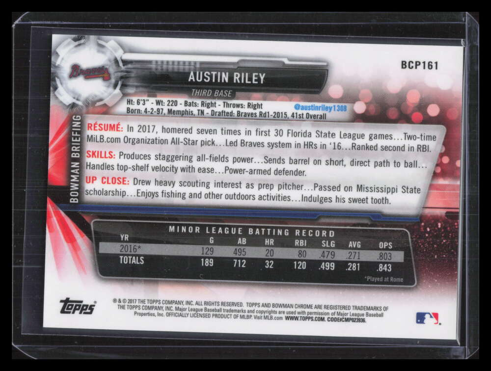 2017 Bowman Chrome Prospects 70th Blue Refractor bcp161 Austin Riley Rookie