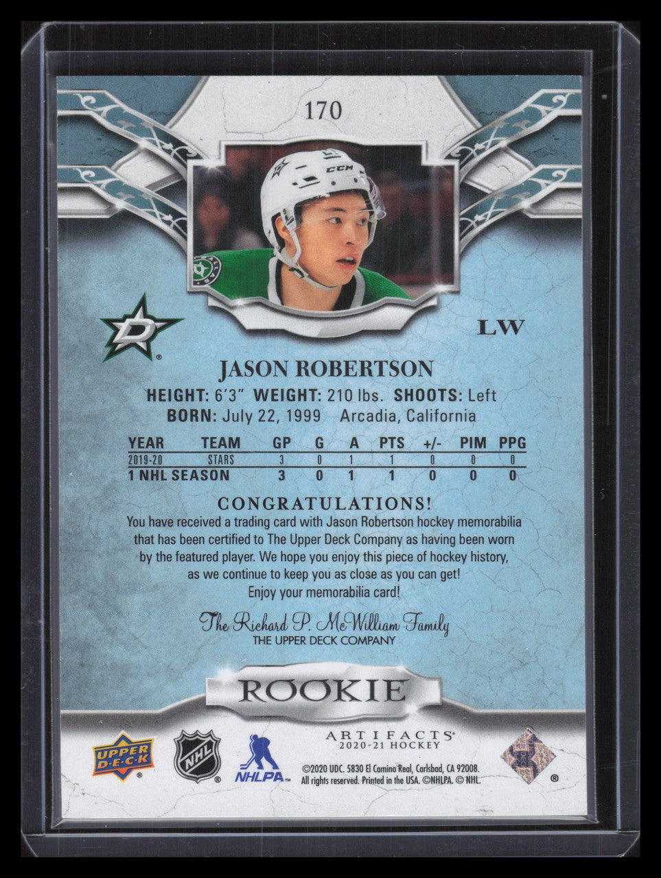 DELETE 130410 2020-21 Artifacts Materials Gold 170 Jason Robertson Rookie Dual Jersey 496/599