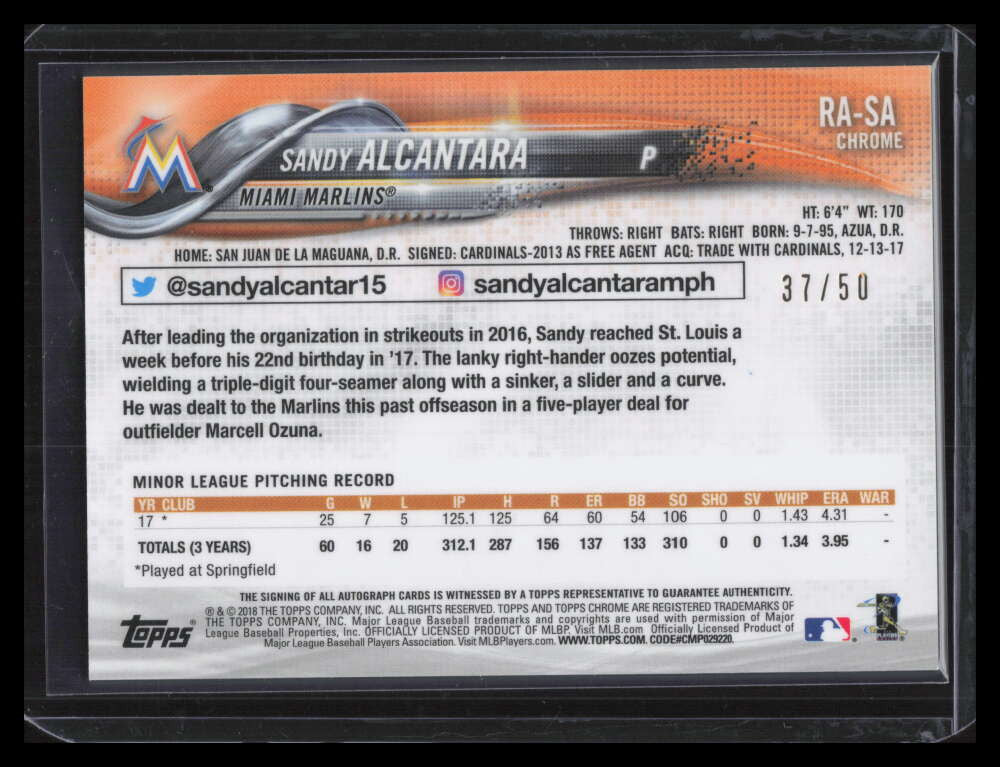 2018 Topps Chrome Autographs Gold Wave Refractor Sandy Alcantara Rookie Auto /50