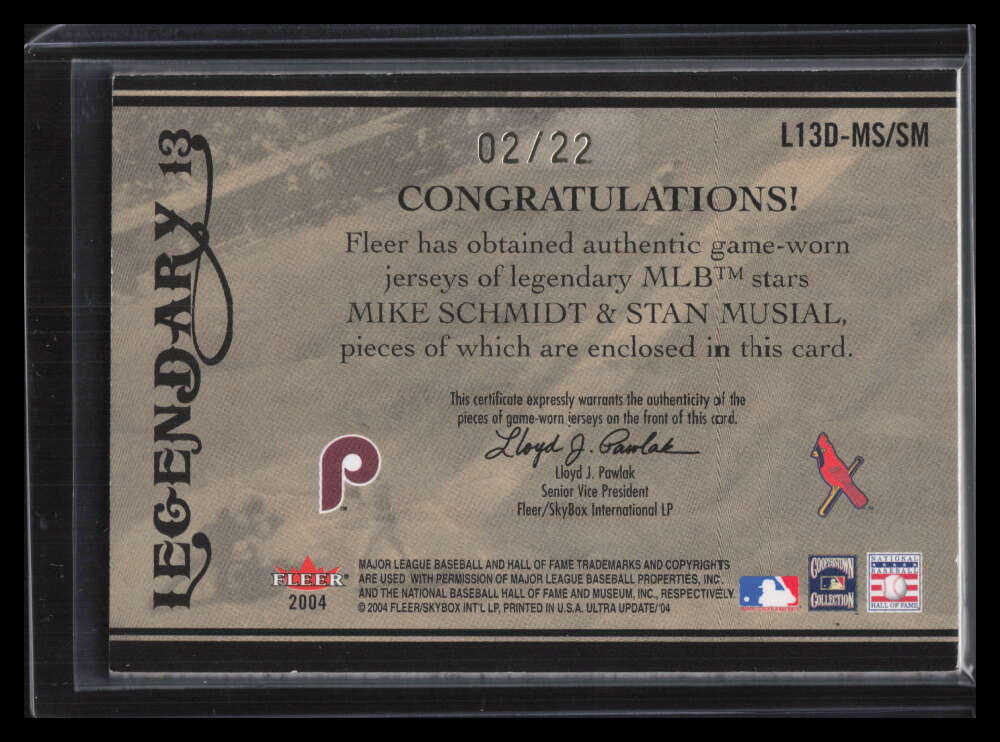2004 Ultra Legendary 13 Game Used Musial Mike Schmidt Dual Jersey Patch 2/22