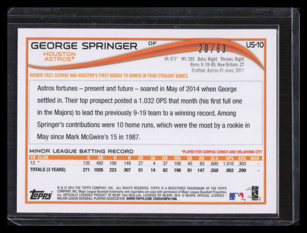 2014 Topps Update Black us10 George Springer Rookie 20/63