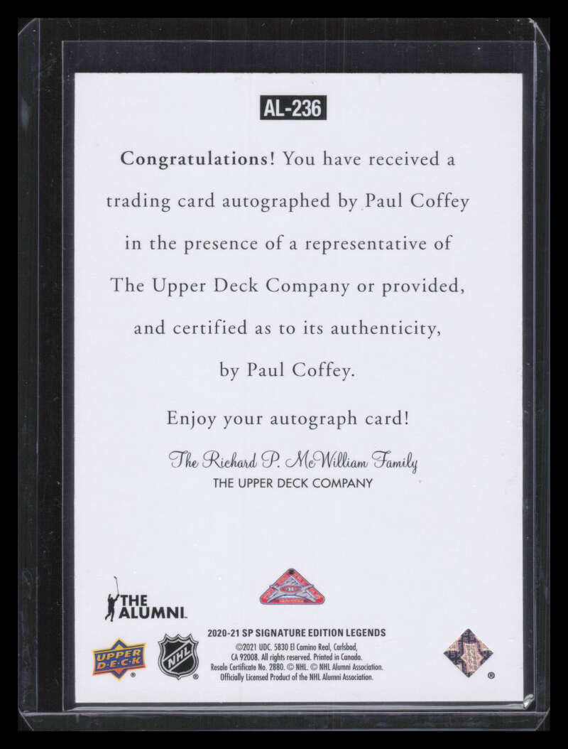 2020-21 SP Signature Legends '97 Legends Signatures al236 Paul Coffey Auto