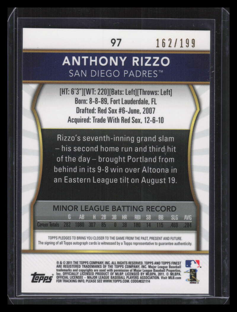 2011 Finest Autographs Green Refractor 97 Anthony Rizzo Rookie Auto 162/199
