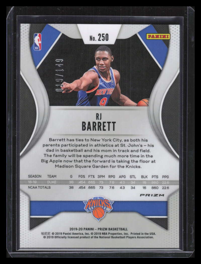 DELETE 130587 2019-20 Panini Prizm Prizms Purple Ice Refractor 250 RJ Barrett Rookie 19/149