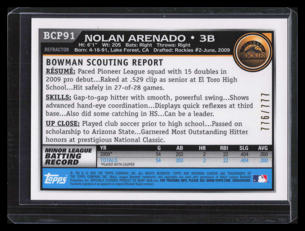 2010 Bowman Chrome Prospects Refractor bcp91 Nolan Arenado Rookie 776/777