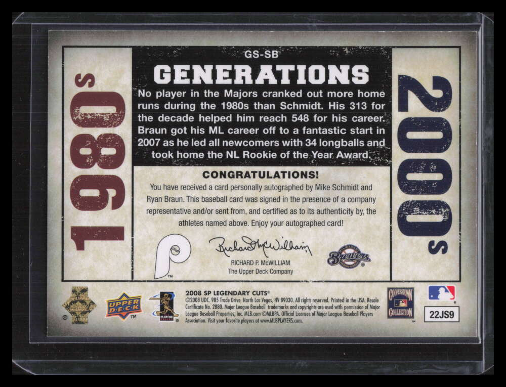 2008 SP Legendary Cuts Generations Autographs Braun Mike Schmidt Dual Auto 42/75