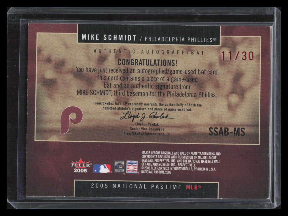 SOLD 130691 2005 National Pastime Signature Swings Bat Red MS Mike Schmidt Bat Auto 11/30