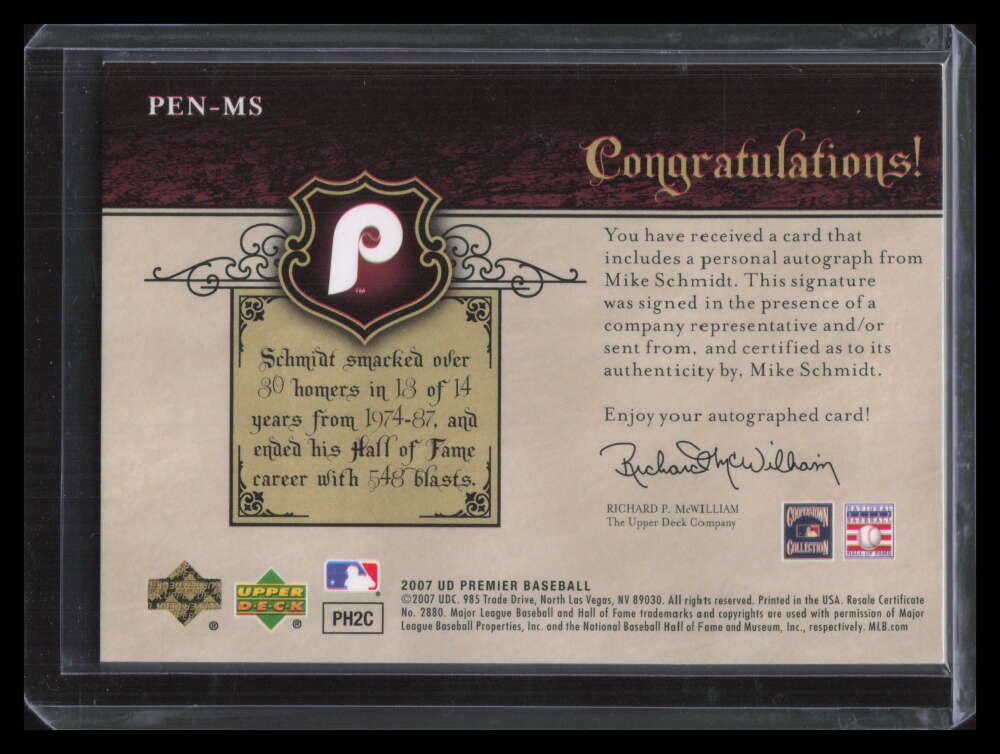 SOLD 130693 2007 Upper Deck Premier Penmanship Autographs MS Mike Schmidt Auto 17/73