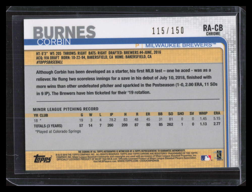 2019 Topps Chrome Autographs Blue Refractor Corbin Burnes Rookie Auto 115/150
