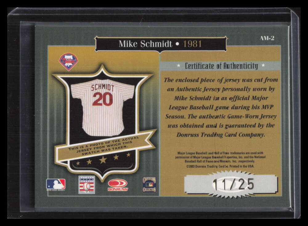 2003 Timeless Treasures Award Prime 2 Mike Schmidt Dual Bat Patch 11/25