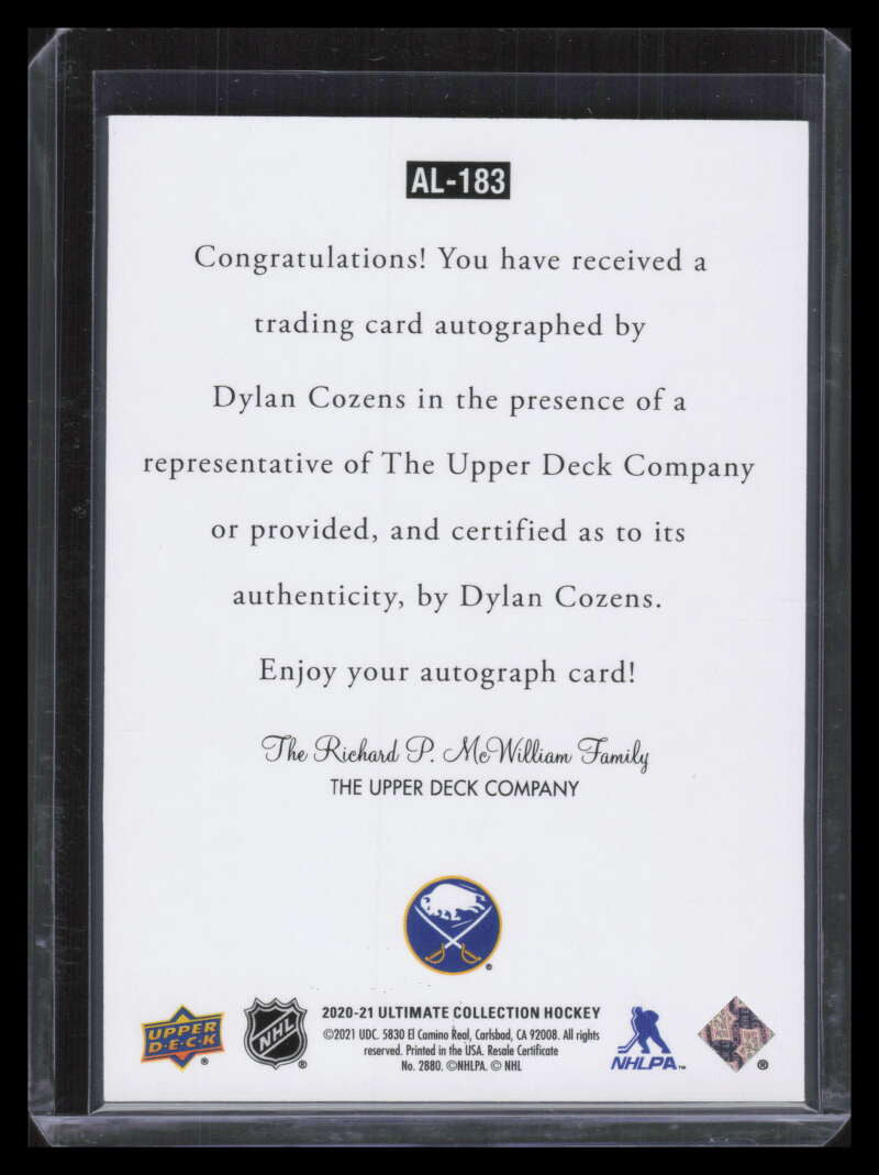 2020-21 Ultimate Collection 97 Legends Signatures al183 Dylan Cozens Rookie Auto