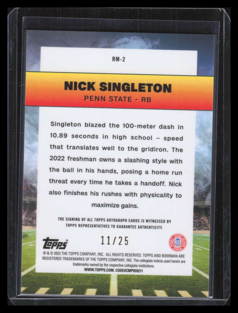 2022 Bowman Chrome University Ramblin Man rm2 Nick Singleton Rookie Auto 11/25