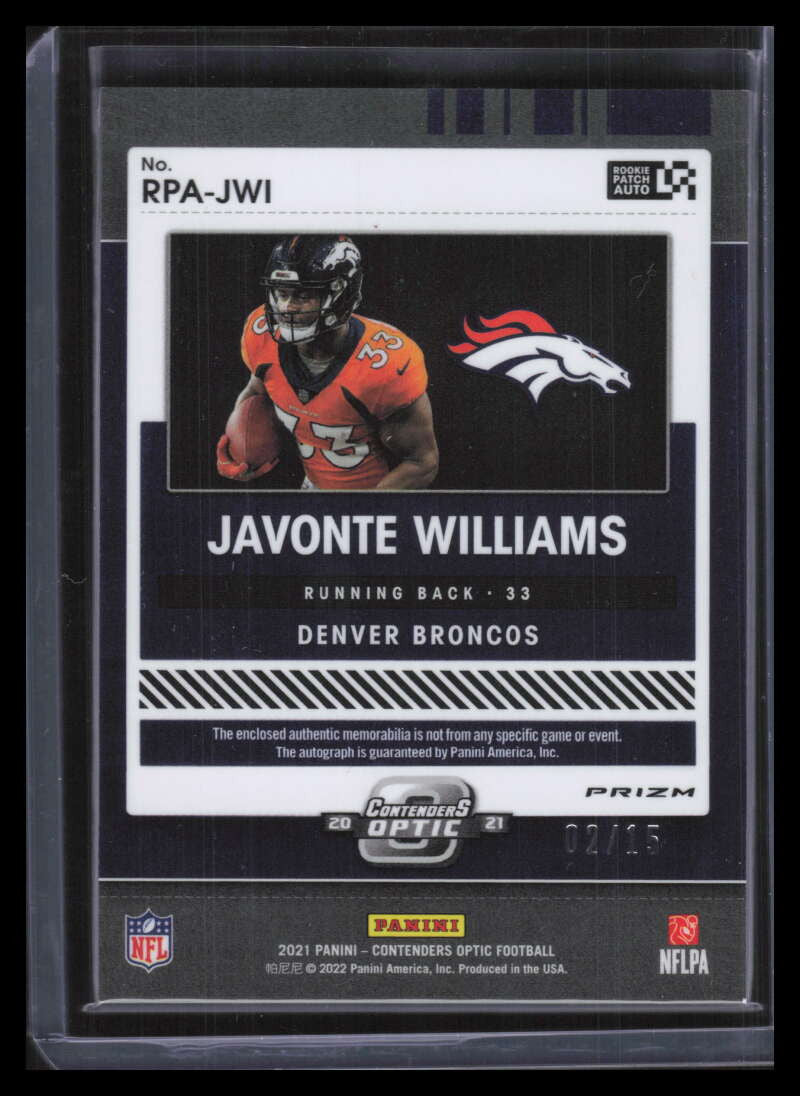 2021 Panini Contenders Optic Autographs Javonte Williams Rookie Patch Auto 2/15