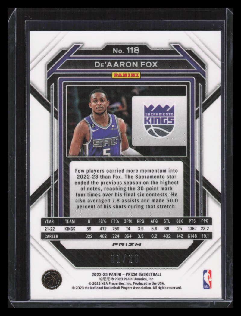 2022-23 Panini Prizm Prizms Fast Break Bronze Refractor 118 De'Aaron Fox 1/20