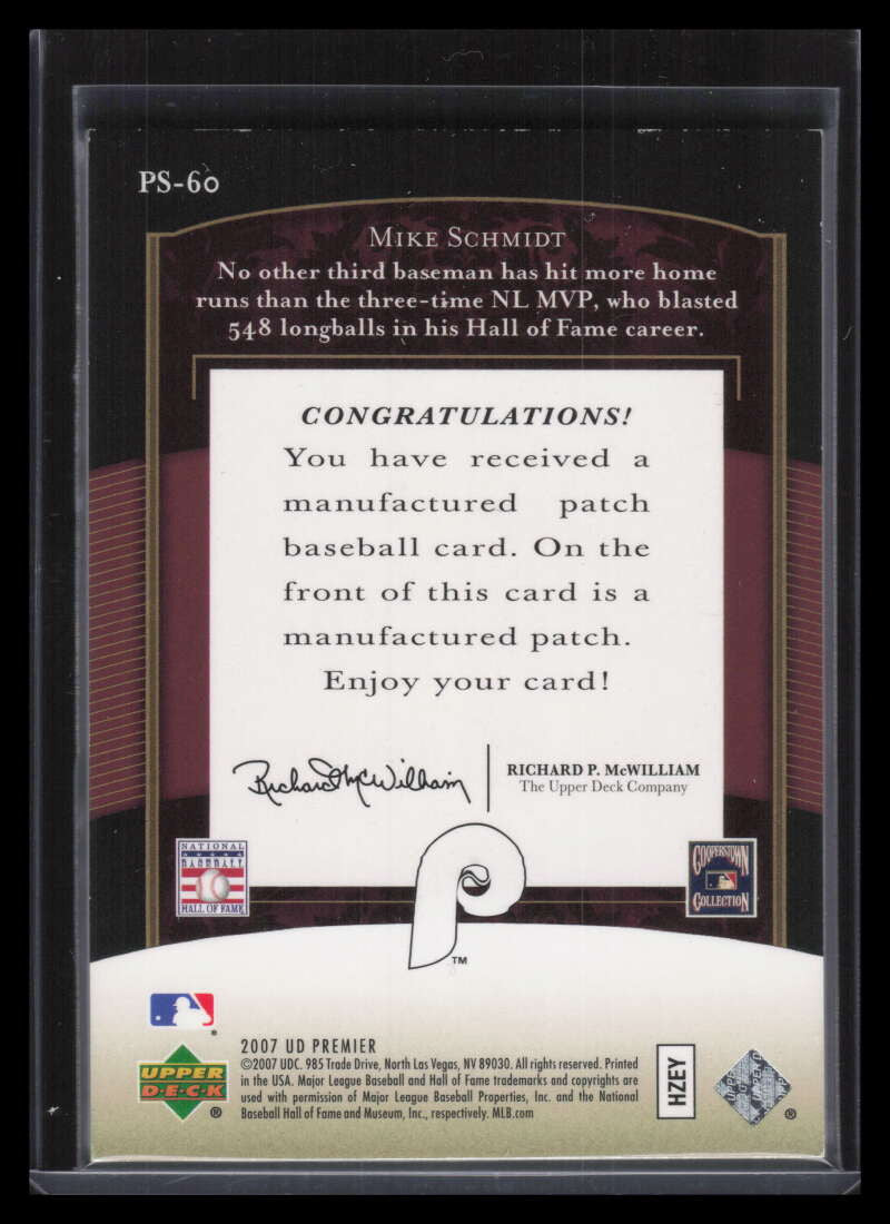 2007 Upper Deck Premier Stitchings Mike Schmidt Career 548 Home Runs Patch 3/10