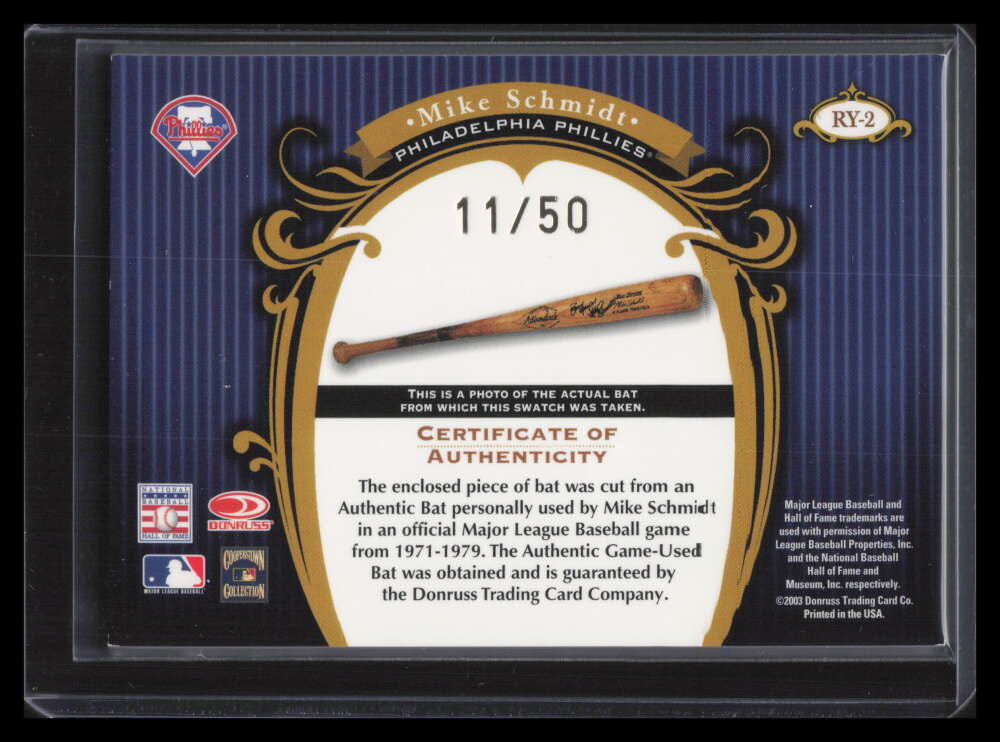 2003 Timeless Treasures Rookie Year 2 Mike Schmidt Bat 11/50