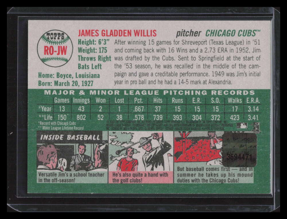 2003 Topps Heritage Real One Autographs Red Ink JW Jim Willis Auto 13/54
