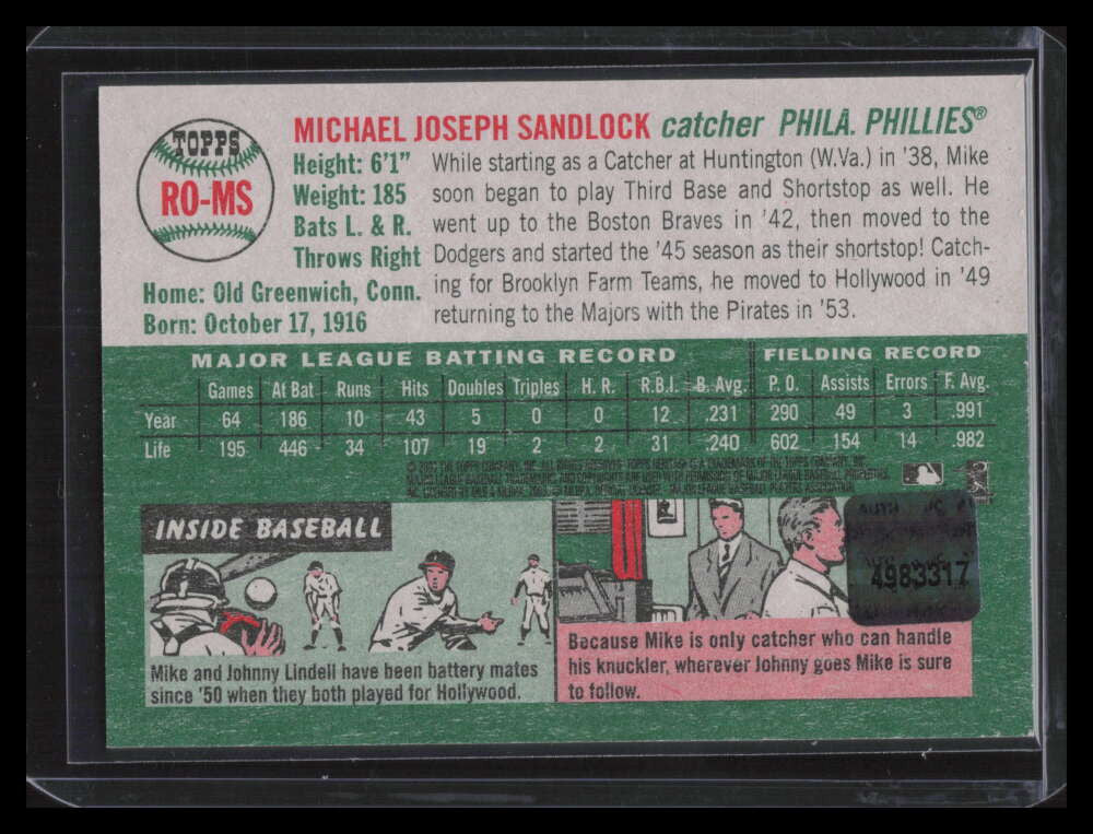 2003 Topps Heritage Real One Autographs Red Ink MS Mike Sandlock Auto 3/54