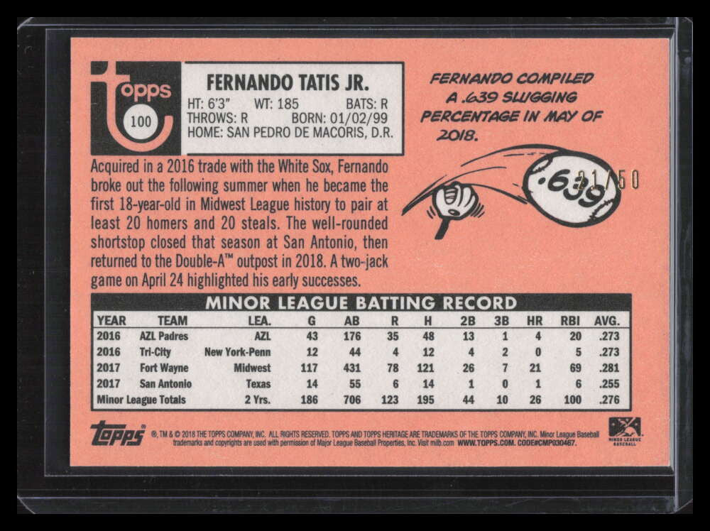 2018 Topps Heritage Minors Black 100 Fernando Tatis Jr. Rookie 21/50