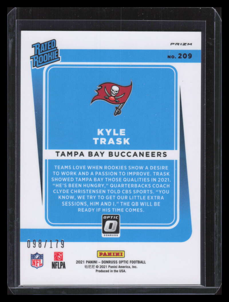 DELETE 130921 2021 Donruss Optic Blue Refractor 209 Kyle Trask RR Rated Rookie 98/179