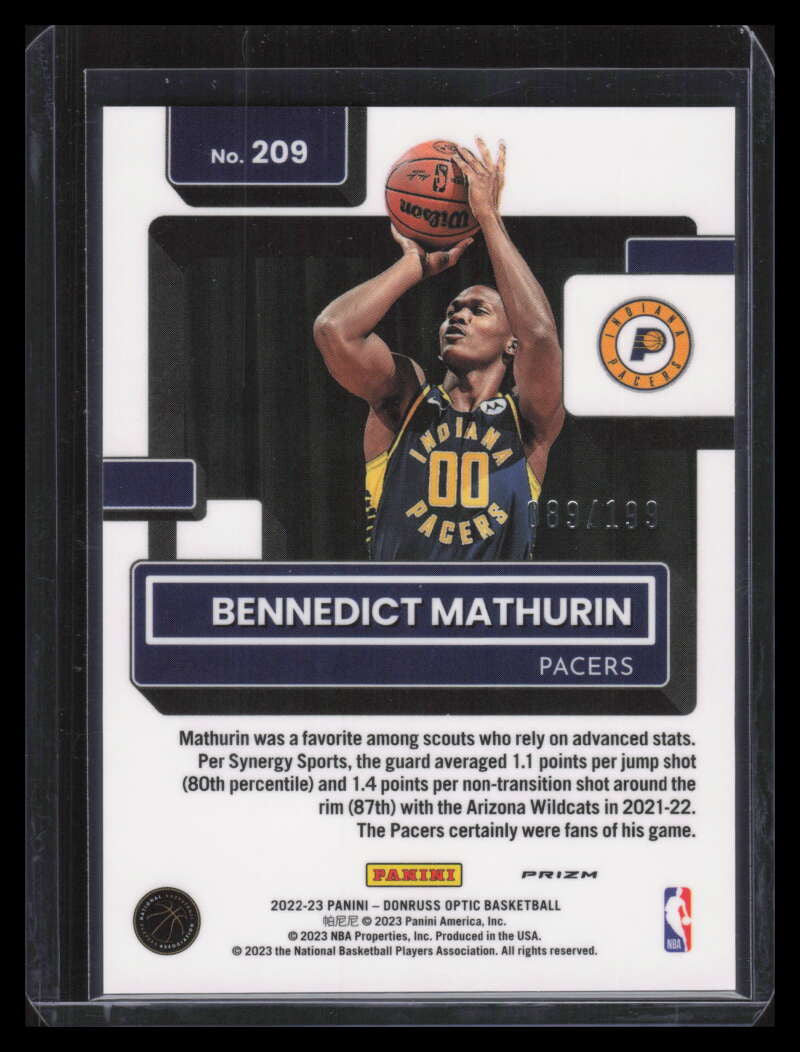 DELETE 130943 2022-23 Donruss Optic Orange 209 Bennedict Mathurin RR Rated Rookie 89/199