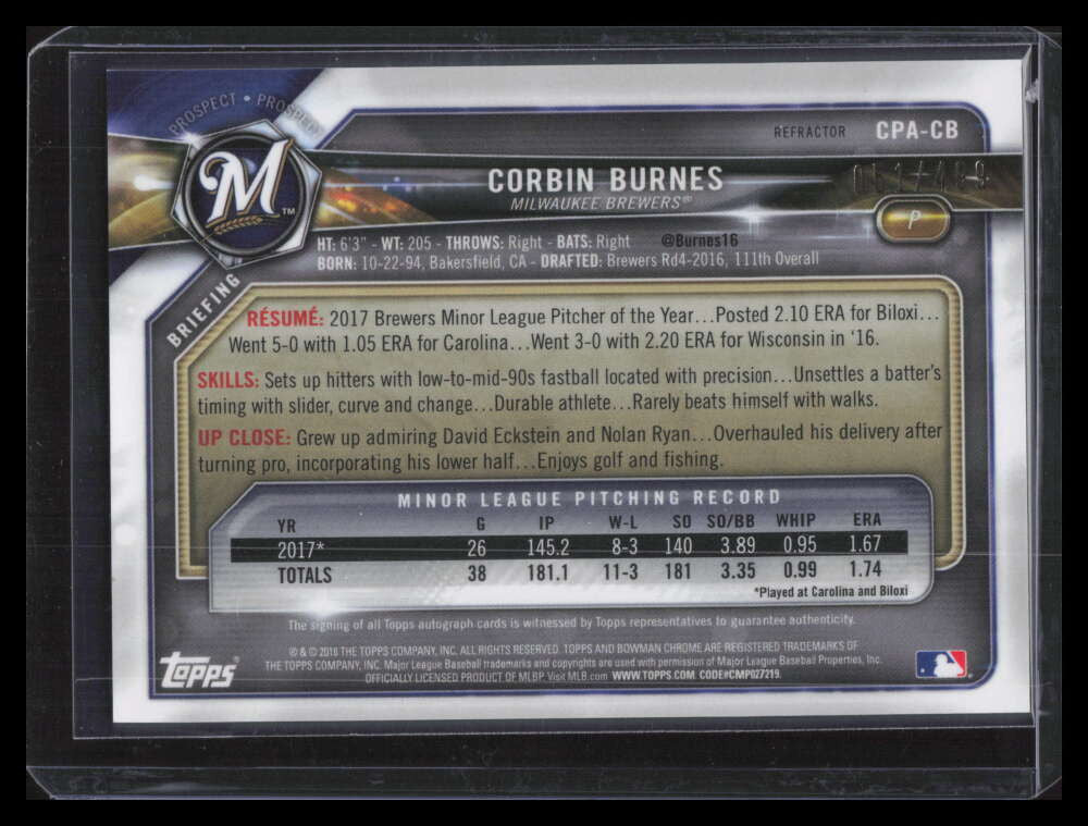 2018 Bowman Chrome Autographs Refractor CPACB Corbin Burnes Rookie Auto 51/499
