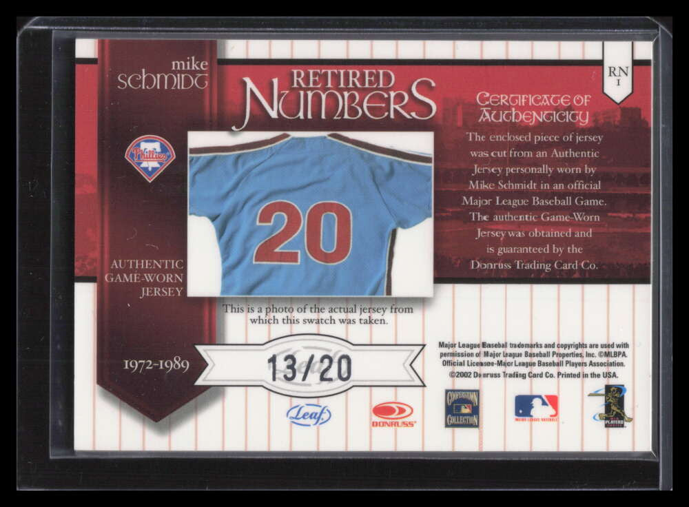 2002 Leaf Retired Number Jerseys rn1 Mike Schmidt Jersey 13/20