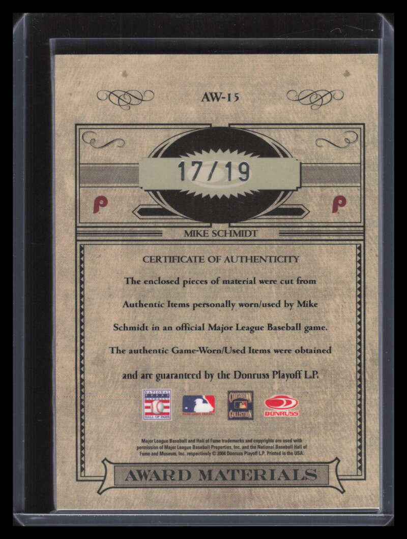 2004 Timeless Treasures Award Materials 15 Mike Schmidt Dual Bat Patch 17/19