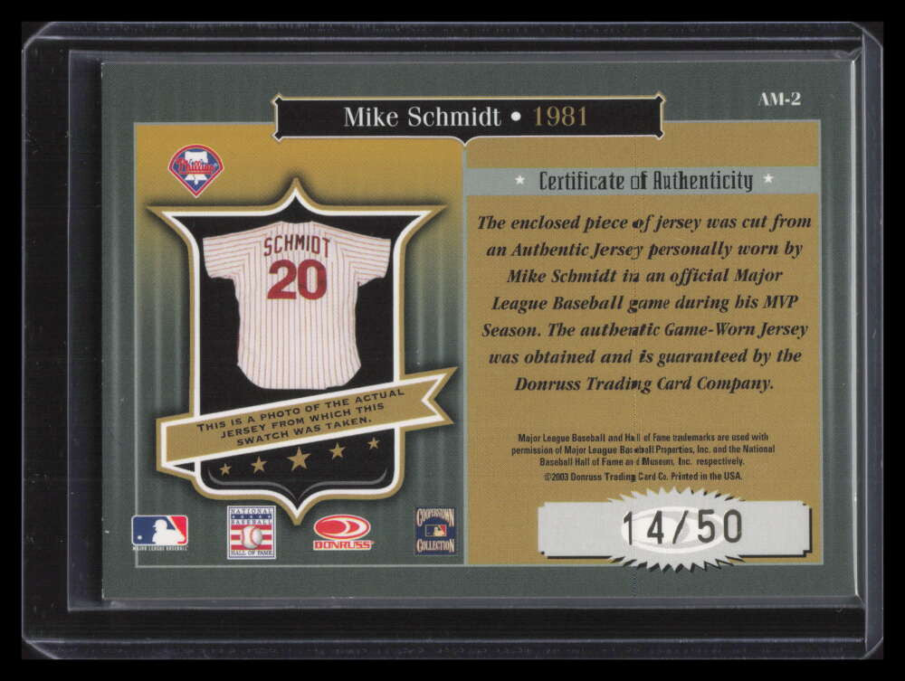 2003 Timeless Treasures Award 2 Mike Schmidt Dual Bat 1981 Jersey 14/50