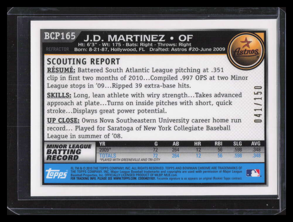 2010 Bowman Chrome Prospects Blue Refractor bcp165 J. D. Martinez Rookie 41/150