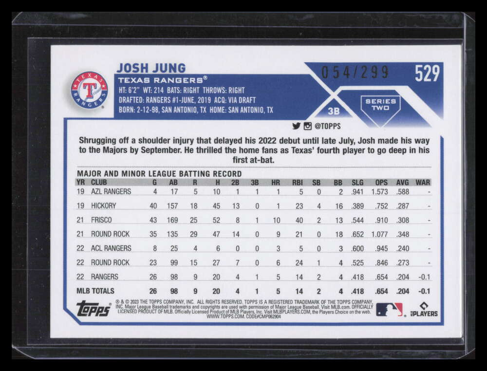 2023 Topps Orange Foil 529 Josh Jung Rookie 54/299