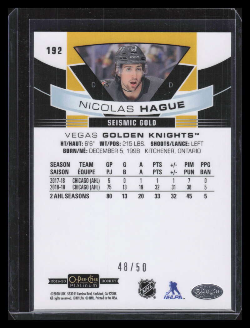 2019-20 O-Pee-Chee Platinum Seismic Gold 192 Nicholas Hague Rookie 48/50