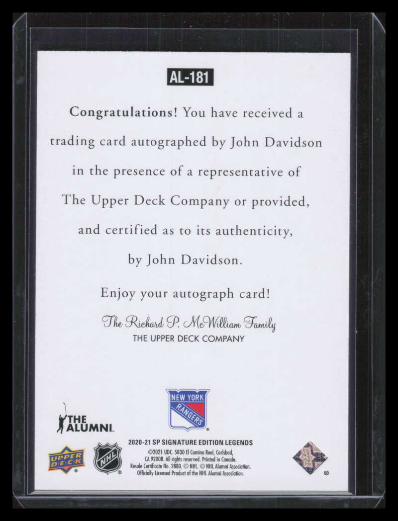 2020-21 SP Signature Legends '97 Legends Signatures al181 John Davidson Auto