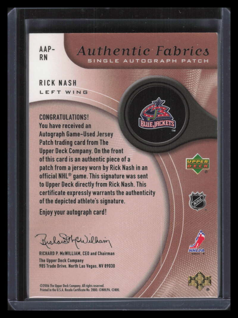 2005-06 SP Game Used Authentic Fabrics Autographs Rick Nash Patch Auto 10/50