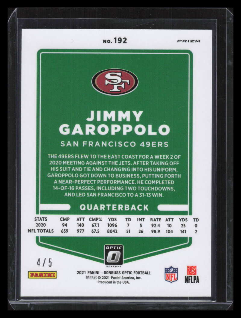 2021 Donruss Optic Green Refractor 192 Jimmy Garoppolo 4/5