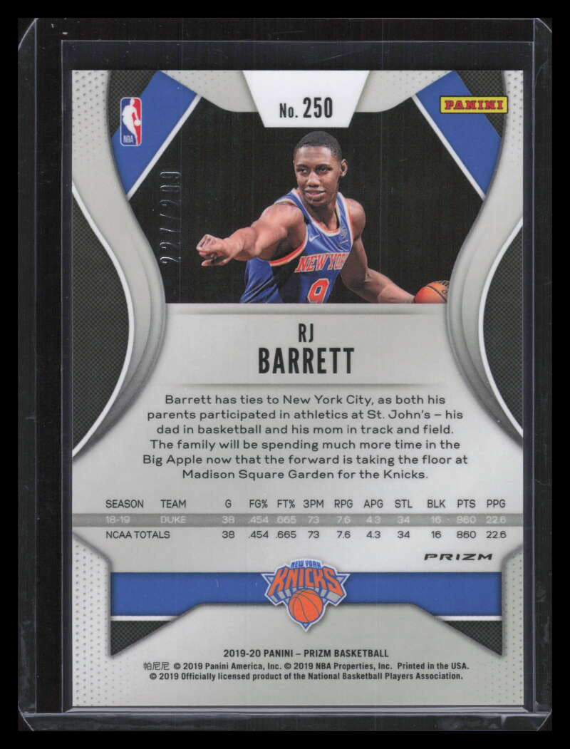 DELETE 131114 2019-20 Panini Prizm Prizms Red Refractor 250 RJ Barrett Rookie 227/299